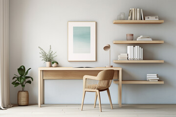 A cozy minimalist home office displaying a light-toned desk, a simple chair, and floating shelves adorned with colorful books and artistic ornaments.