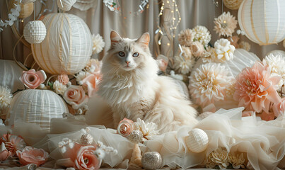 Wallpaper featuring a cat in a sophisticated wedding dress,  Generate AI