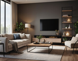 3D render of a modern living room interior, emphasizing comfort and style. Incorporate sleek furniture, a neutral color palette with pops of color, ambient lighting, tasteful décor