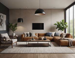 Fototapeta premium 3D render of a modern living room interior, emphasizing comfort and style. Incorporate sleek furniture, a neutral color palette with pops of color, ambient lighting, tasteful décor