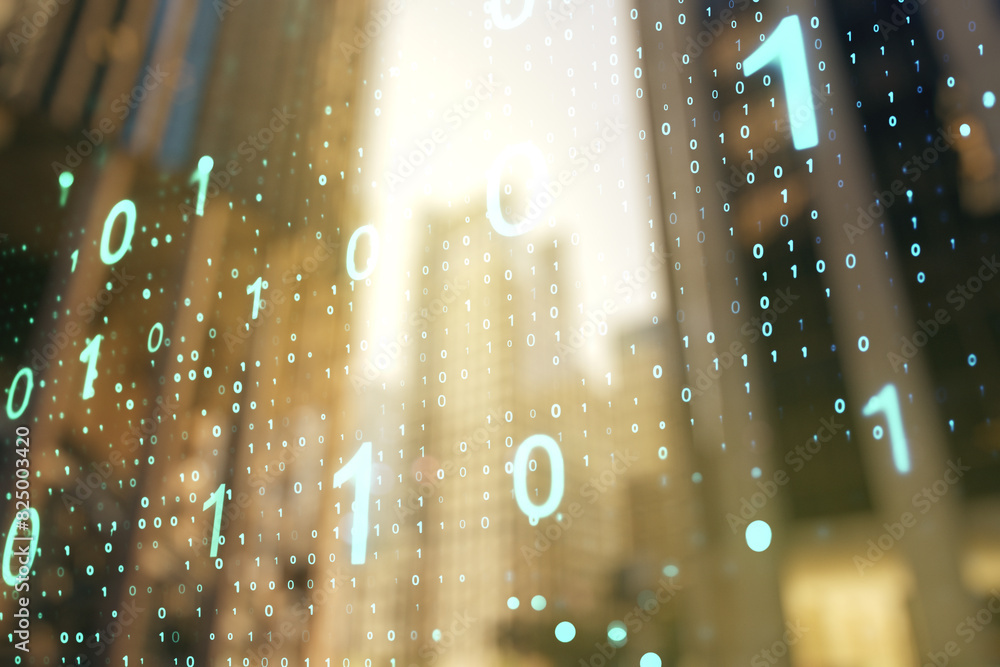 Leinwandbilder abstract virtual binary code sketch on blurry cityscape background, hacking and matrix concept. mult