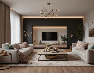 3D render of a modern living room interior, emphasizing comfort and style. Incorporate sleek furniture, a neutral color palette with pops of color, ambient lighting, tasteful décor