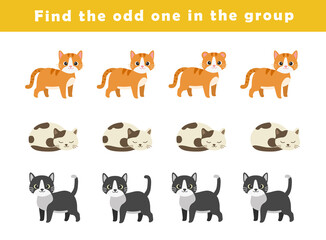 Find the odd one out for toddlers. Spot the difference for kids. Educational quiz worksheet with cute cats illustration. Logical activity for children.