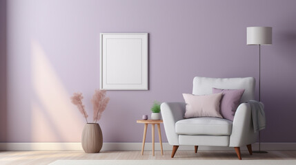 A cozy reading nook with a plush armchair, a small side table, and a blank empty white frame mockup hanging on a soft lavender wall.