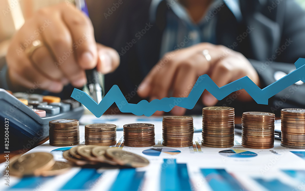 Poster Detailed image of stacked coins with percentage signs and upward arrows, symbolizing rising interest rates. A professional analyzes financial data