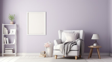 A cozy reading nook with a plush armchair, a small side table, and a blank empty white frame mockup hanging on a soft lavender wall.