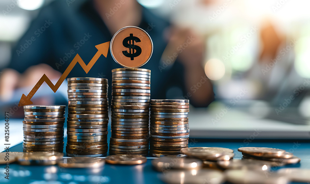Aufkleber business setting with coins stacked in increasing height, each with percentage signs and upward arro