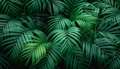 dark green leaves of rainforest palm tree the tropical foliage plant