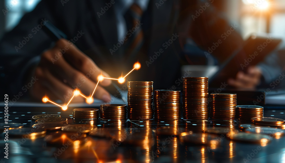 Aufkleber Modern office with ascending coin stacks marked with glowing percentage signs and upward arrows, symbolizing financial growth. A professional focuses on calculations