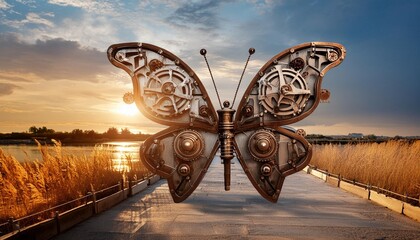 beautiful mechanical butterfly steampunk animal 3d illustration