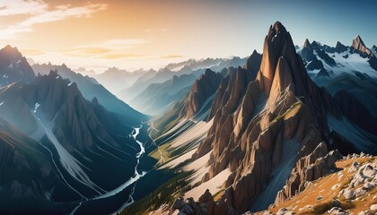 a unique and diverse mountain range with huge cliffs and rivers depicted in a stylized and abstract manner - Powered by Adobe