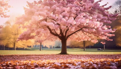 a large pink tree in the middle of a park with lots of leaves on the ground and trees in the...