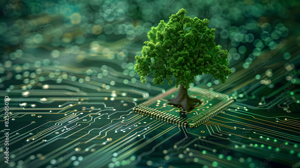 Poster tree growing on the converging point of computer circuit board. green computing, green technology, g
