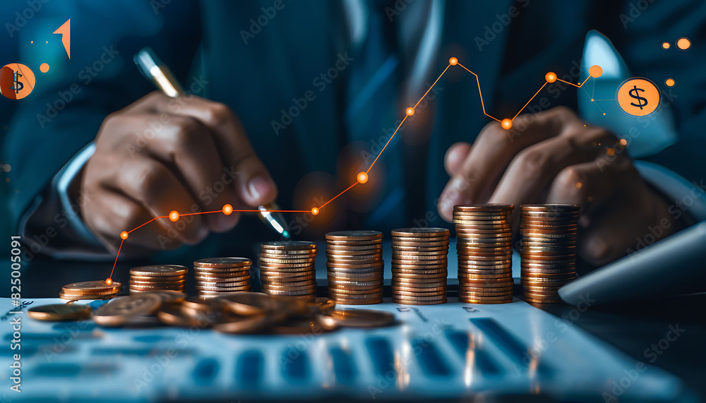Poster modern office with ascending coin stacks marked with glowing percentage signs and upward arrows, sym