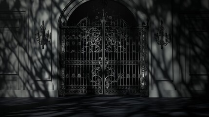 A black wrought iron gate with elaborate designs, illuminated by ambient light that casts intricate...