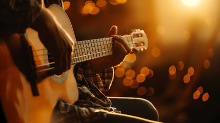 Obraz premium A person playing a musical instrument, lost in the soothing melodies. Dynamic and dramatic composition, with cope space