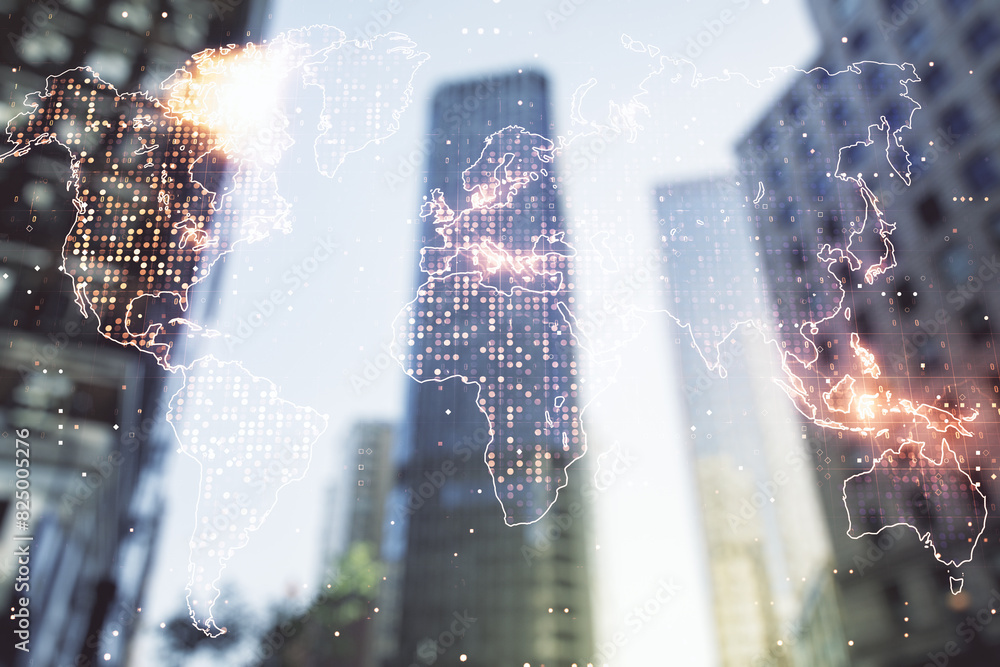 Poster double exposure of abstract digital world map hologram on blurry cityscape background, big data and 