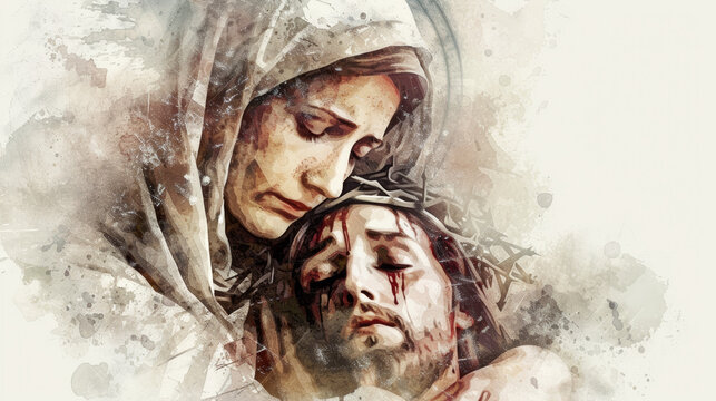 A digital illustration of Mother Mary cradling Christ's body, dramatic pose, sorrowful gaze