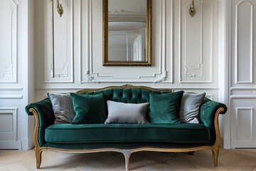 Sofa with green pillows near door. French country, classic interior design of modern living room.