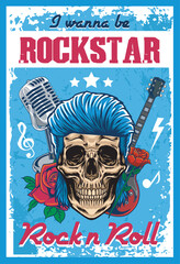 Classic Rockstar festival concert colorful poster with skull punk, microphone and red roses in vector illustration style