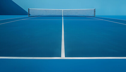 Minimalist scene of a blue tennis court with clean white boundary lines, showcasing geometric patterns and a textured surface