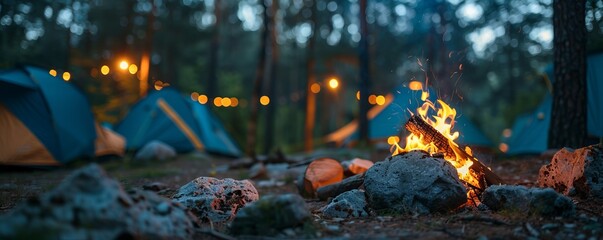 A campfire with wood and flames in a forest, blue tents in the background, during the evening, with a bokeh effect, rocks around the fire, depicting a summer vacation concept