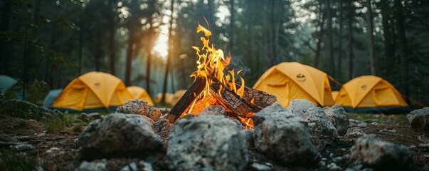 Camping fire with burning wood and rocks in the background of yellow tents in the forest. Summer camp concept, stock photo, banner