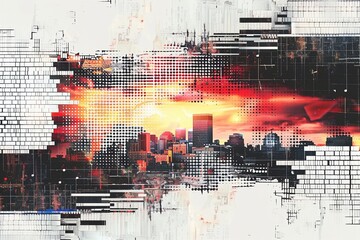 a cityscape merging with data streams and code symbols, set against a pixelated white background. Sunsets and explosions in fiery reds and oranges