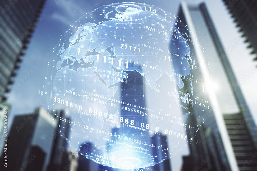 Poster abstract virtual coding concept and world map hologram on office buildings background. multiexposure