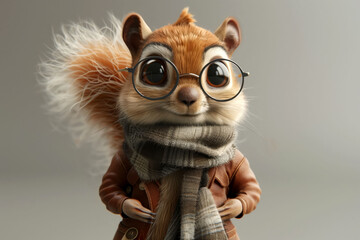 3D illustration of a squirrel wearing a stylish coat, perfect for a children's book
