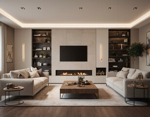 3D render of a modern living room interior, emphasizing comfort and style. Incorporate sleek furniture, a neutral color palette with pops of color, ambient lighting, tasteful décor