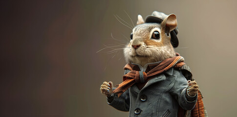 An expressive and cute squirrel in a plaid coat, ready for a fun day out, copy space