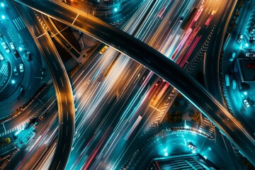 Aerial view of Road Traffic jam on multiple lane highway with speed light trail from car background, Expressway road junction in metropolis city center at night scene