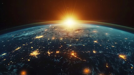Obraz premium Breathtaking View of Earth from Space with Blue Sky, Golden Sun Rays, and City Lights