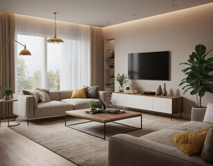 3D render of a modern living room interior, emphasizing comfort and style. Incorporate sleek furniture, a neutral color palette with pops of color, ambient lighting, tasteful décor