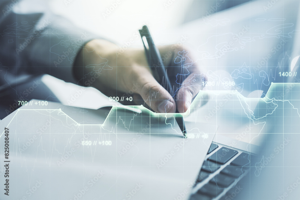 Poster multi exposure of creative statistics data hologram with hand writing in notebook on background with