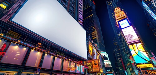 A blank digital billboard in Times Square, momentarily clear of ads, surrounded by the vibrant...