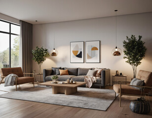 3D render of a modern living room interior, emphasizing comfort and style. Incorporate sleek furniture, a neutral color palette with pops of color, ambient lighting, tasteful décor