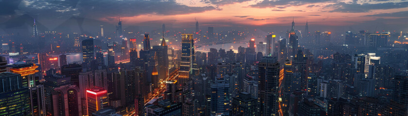 A panoramic view of a bustling city skyline at twilight