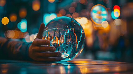 investor prediction, forecasting, stock market chart with candlestick in the crystal globe. 