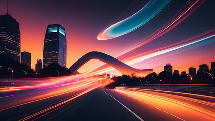 City traffic streaks by in a blur of red taillights under the twilight sky