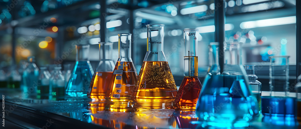 Poster detailed scene of a chemistry lab with scientists performing experiments, featuring various glass co