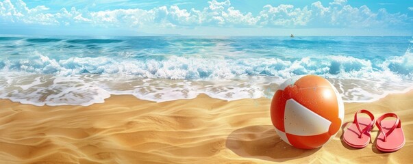 Obraz premium Illustration of a beach ball and flip-flops on golden sand with waves in the background