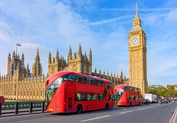 Fototapete Londoner Roter Bus Houses of Parliament with Big Ben and double-decker buses on Westminster bridge, London, UK  © Mistervlad