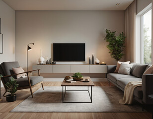 3D render of a modern living room interior, emphasizing comfort and style. Incorporate sleek furniture, a neutral color palette with pops of color, ambient lighting, tasteful décor