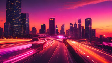 Obraz premium Busy city traffic flows at night under illuminated skyscrapers