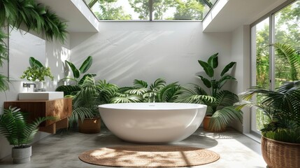 Bright bathroom with skylights and ferns around a freestanding tub.