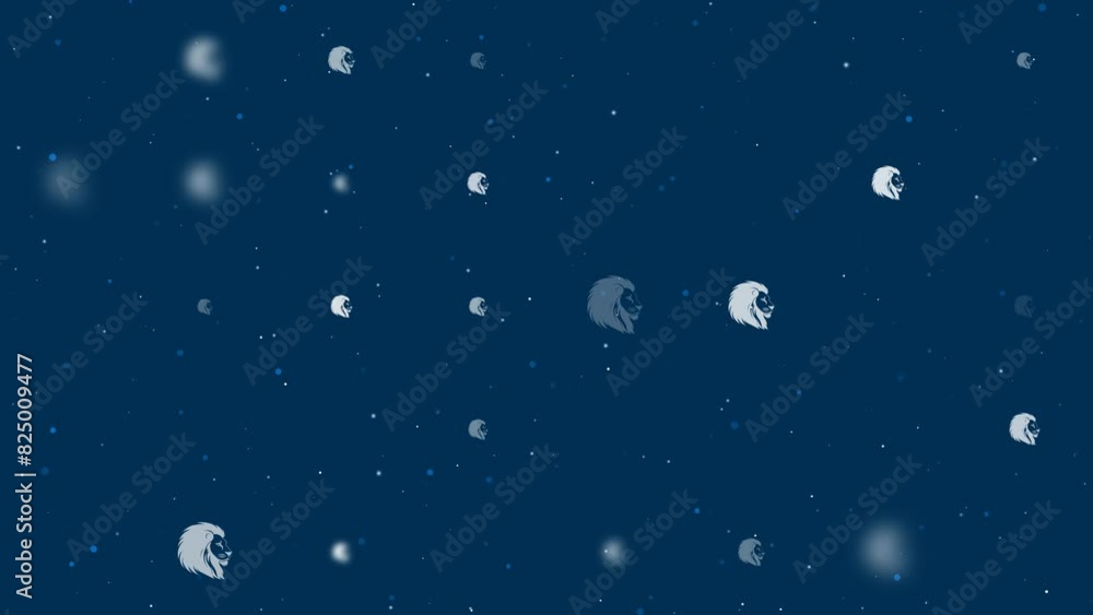 Poster template animation of evenly spaced lion head icons of different sizes and opacity. animation of tra