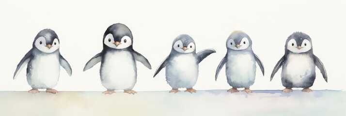 Watercolor nursery theme baby room, A row of five watercolor baby penguins