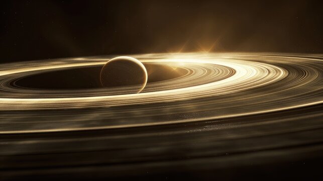 A stunning visual of a planet with golden rings illuminated by sunlight, evoking the beauty and mystery of outer space.